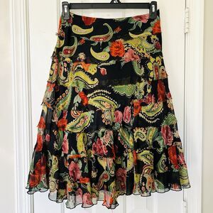 Jasmine KC Green Red & Black Paisley Floral Tiered Ruffle Skirt Size Small